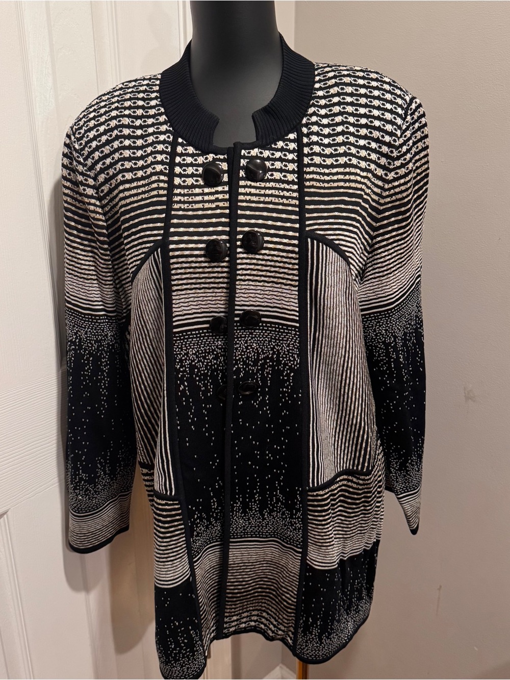 Ming Wang 2X Black White Knit Jacket Cardigan Textured Open Front Career